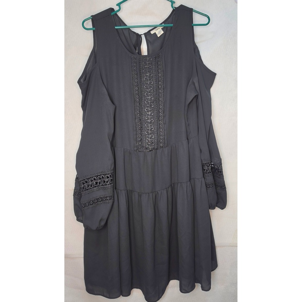 Bar III Black Cold Shoulder Crochet Lace Tiered Mini Dress XL